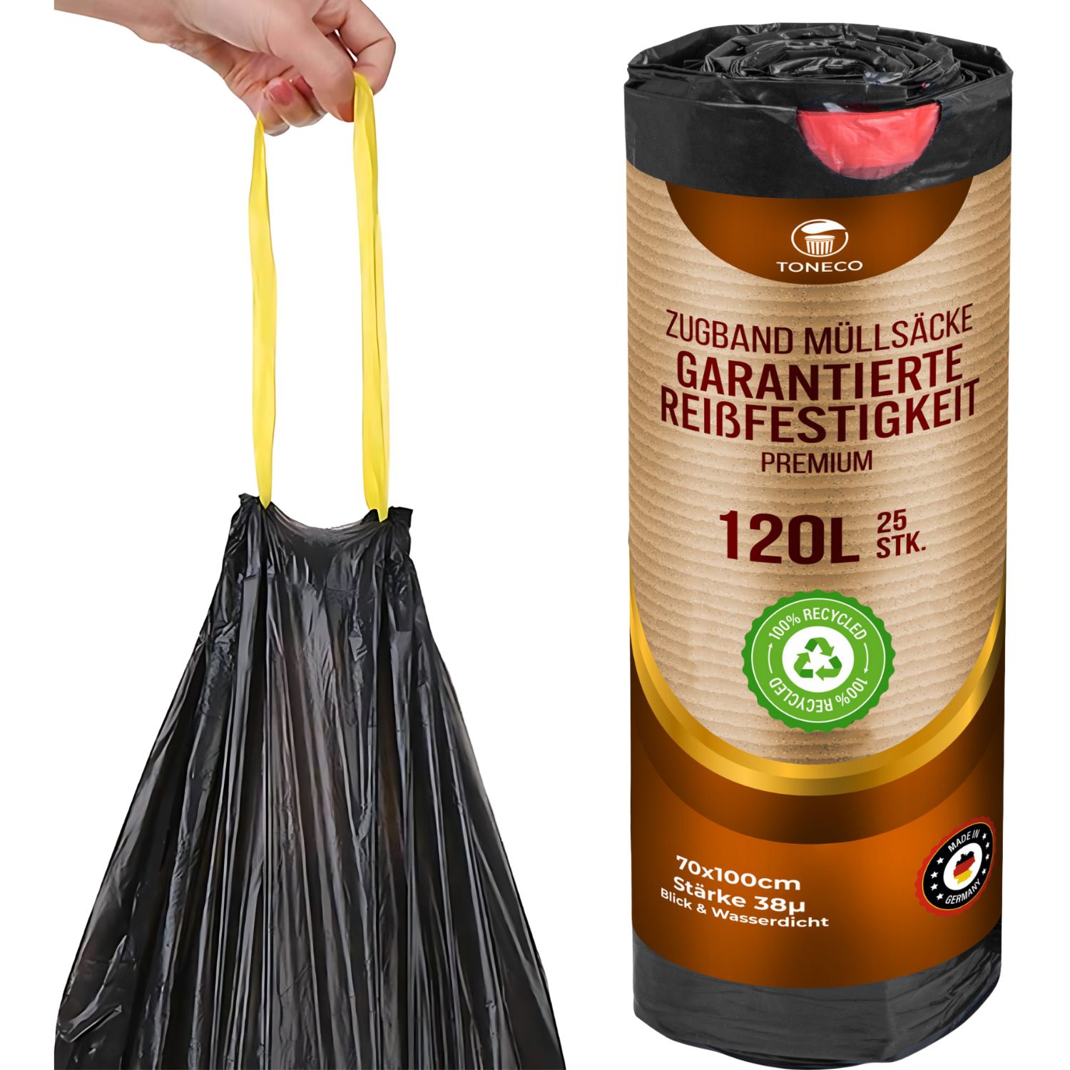 Müllsäcke 120 L mit Zugband, schwarz – Rolle à 25 Beutel