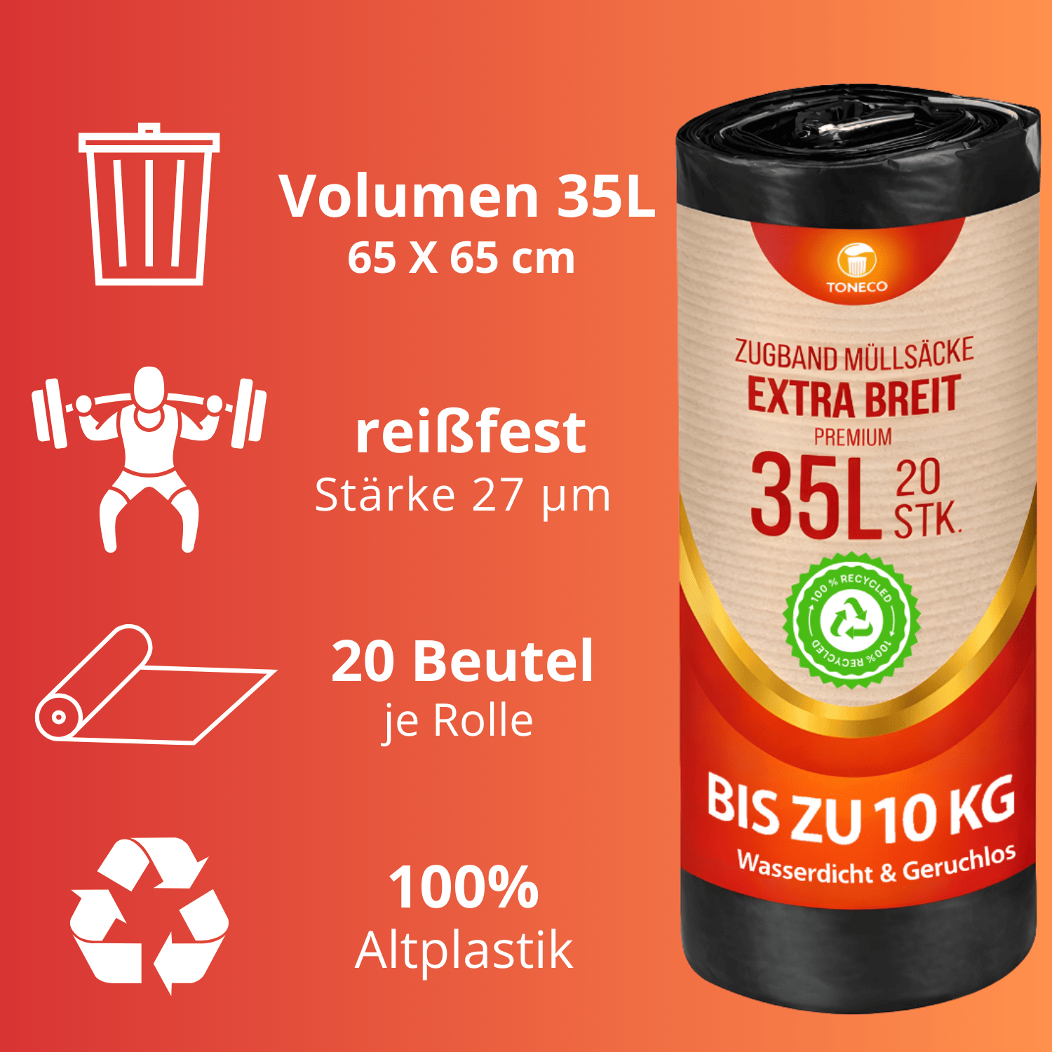 Müllbeutel 35 L mit Zugband, extra breit, schwarz – Rolle à 20 Beutel – Bild 4