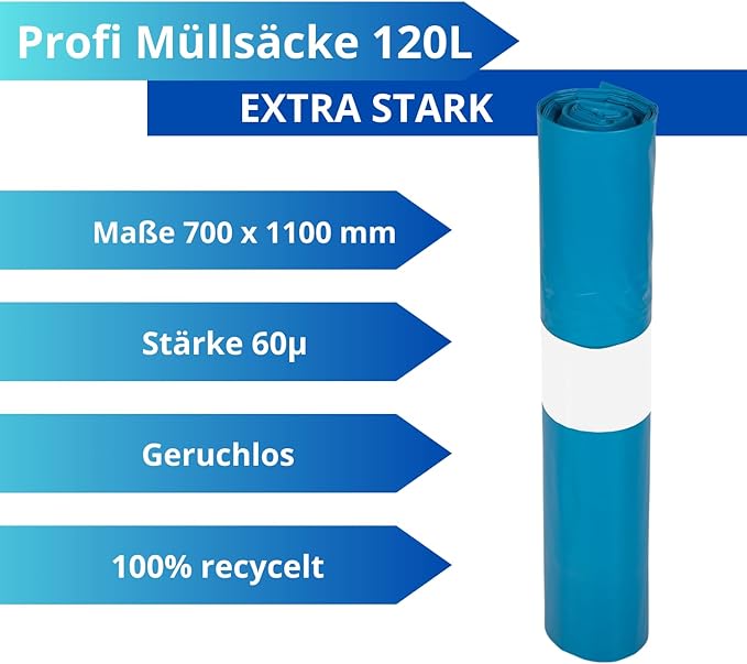 Müllsäcke 120 L extra stark, blau – Rolle à 10 Beutel – Bild 8