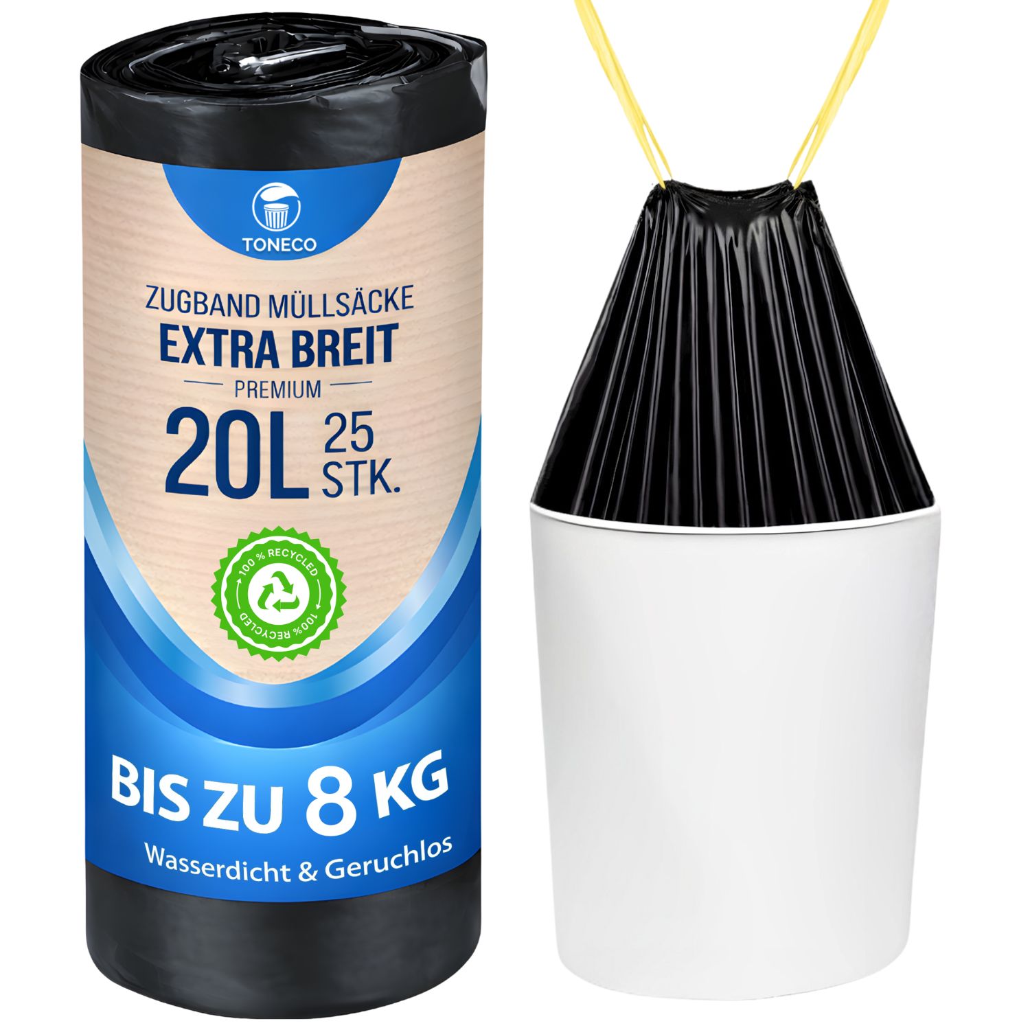 Müllbeutel 20 L mit Zugband, schwarz – Rolle à 25 Beutel